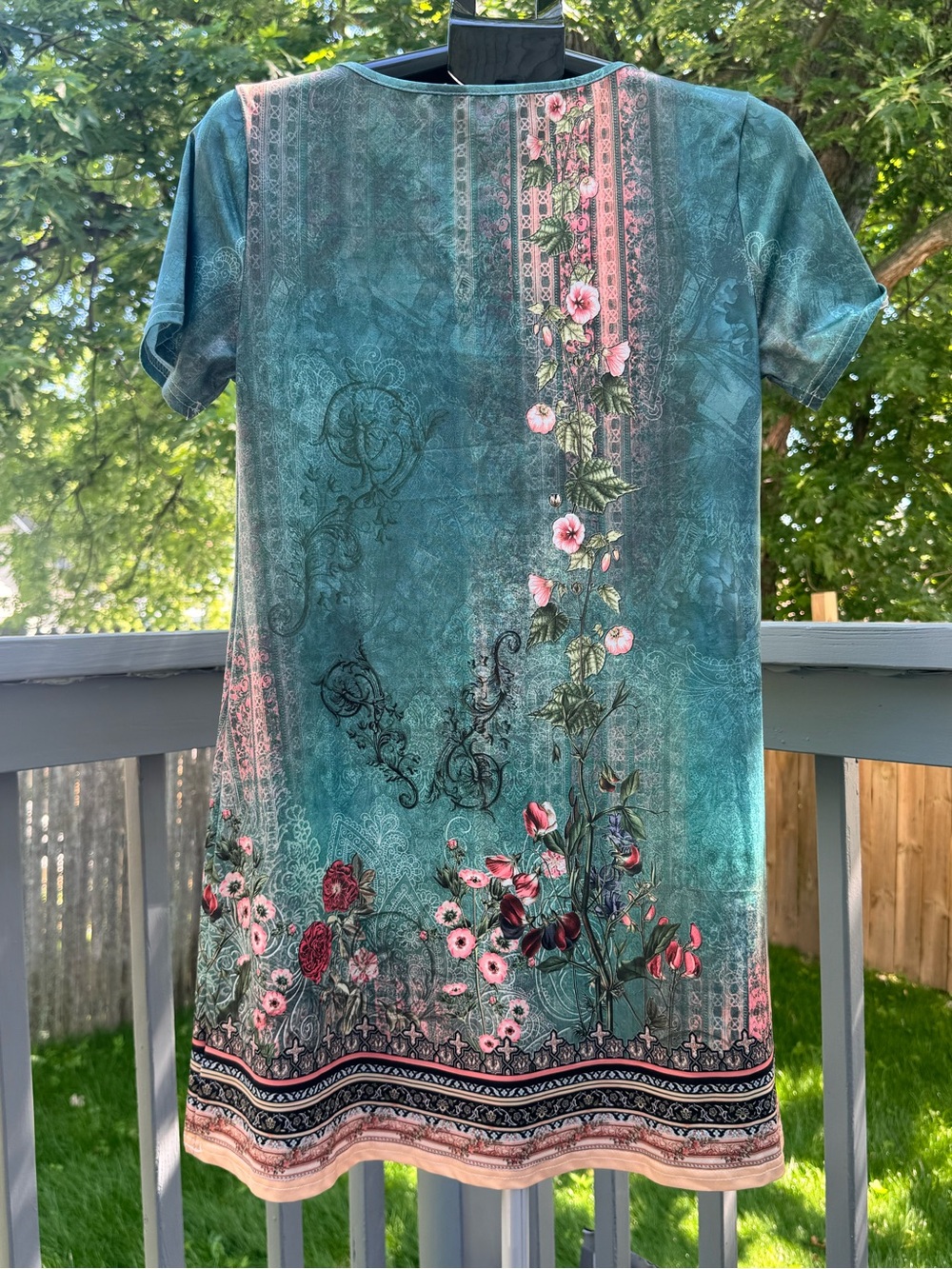 Boho Floral Print Shift Dress Teal Pink Short Sleeve Casual SZ M - Picture 3 of 3
